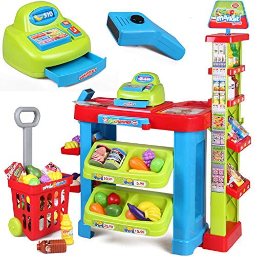 Supermarket Grocery W/Shopping Cart Scanner Store Playset Kids Pretend Play Set